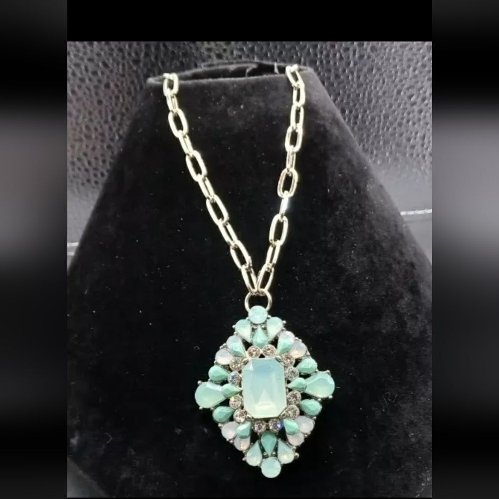 Aquamarine Blue Bead Rhinestone Silvertone Pendant Statement Necklace NWOT